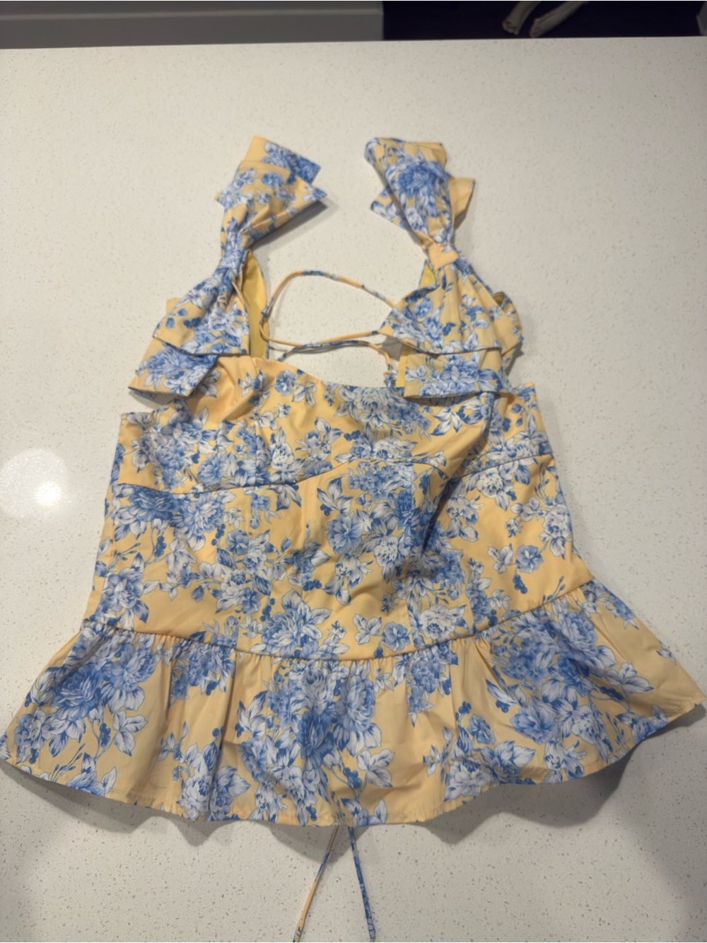 Vici Yellow Tank Top with Blue Floral Print and Ruffle Hem